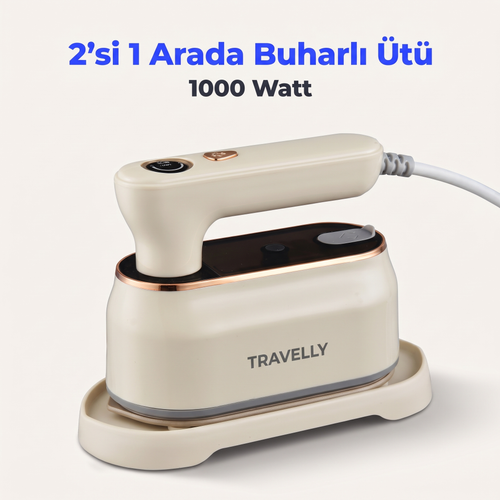 Travelly 2'si 1 arada buharlı ütü 1000 Watt — oval altlığıyla