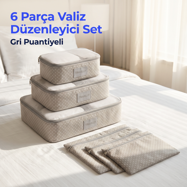 Travelly 6 parça valiz düzenleyici set, gri puantiyeli